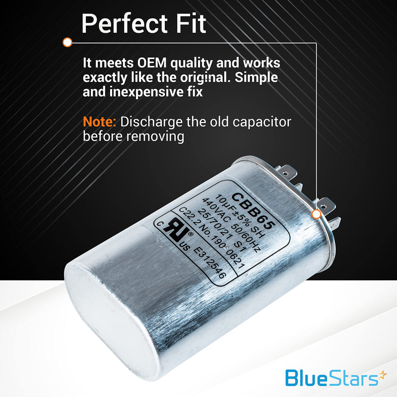 Original Version 10 uF MFD ±5% 370/440V CBB65 Oval Run Start Capacitor Replacement Part by BlueStars - Exact Fit for AC Motor Run or Fan Start and Cool or Heat Pump Air Conditioner