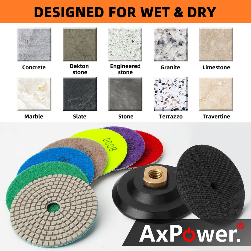 13 Packs 4 Inch Diamond Polishing Pads with 5/8’’-11 Backer Pad 12PCS Wet/Dry Polish Pad Kit for Drill Grinder Polisher 50-8000 Grit Pads for Granite Marble Concrete Stone Countertop Quartz Polishing 13