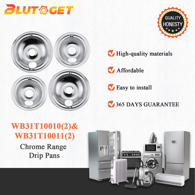 WB31T10010 WB31T10011 Chrome Range Drip Pans by Blutoget- Electric Stove Drip Pans Fit for GE Hotpoint Ken-more Electric Range with Locking Slot-Includes 2 6-Inch&2 8-Inch -4 Pack(Chrome Plated Steel)