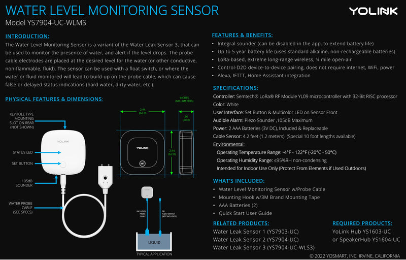YoLink Water Leak Sensor 3, with Built-in Siren Up to 105dB, Compatible with Alexa and IFTTT - YoLink Hub Required Without Hub