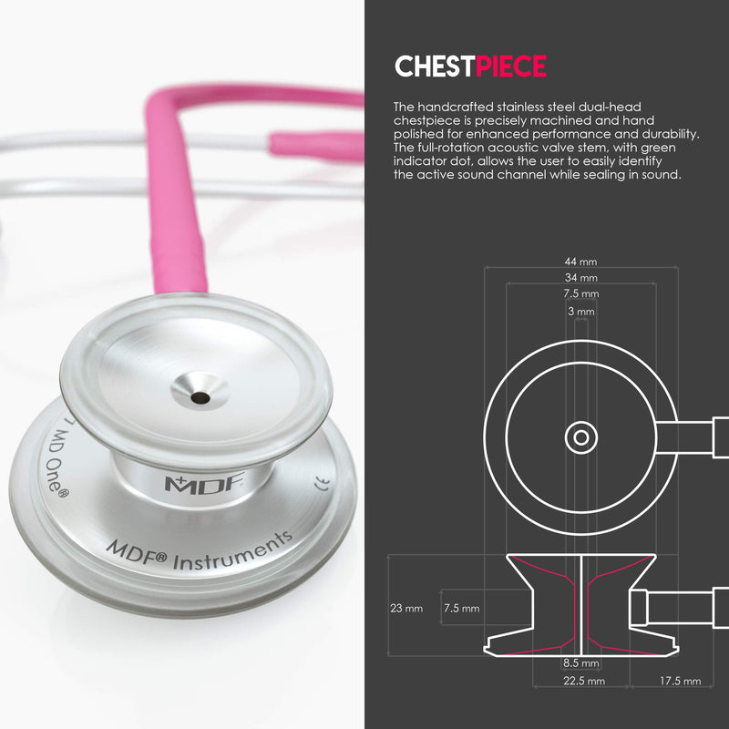 MDF Instruments, MD One Stainless Steel Stethoscope, Adult, Fuschia Tube, Silver Chestpieces-Headset, MDF77732