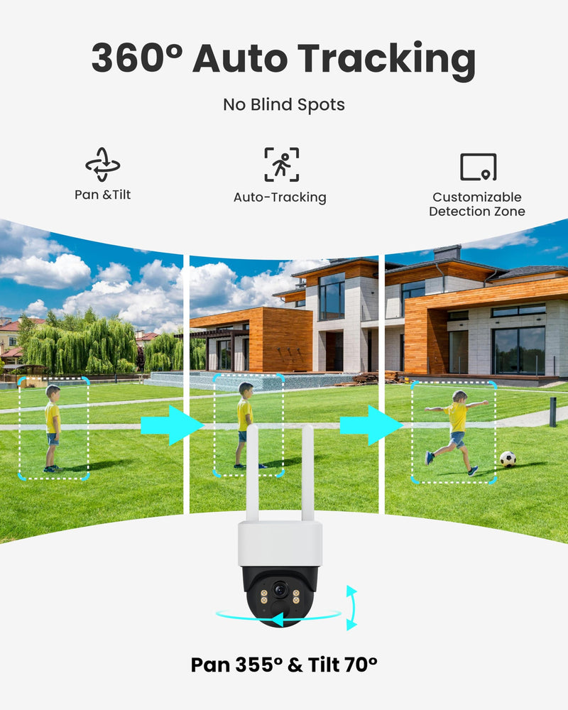 5MP Solar Security Camera Wireless Outdoor, 3K UHD WiFi PTZ Camera with Color Night Vision, Motion Tracking, AI Human/Vehicle Detection, 2-Way Audio, Support 256GB SD, IP65 Waterproof