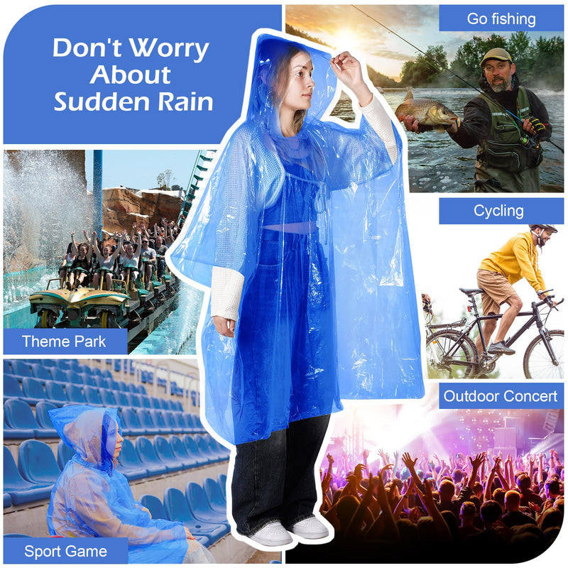 Berlune 40 Pcs Disposable Rain Ponchos Bulk for Adults Emergency Disposable Ponchos Family Pack with Hood Waterproof Raincoat Blue