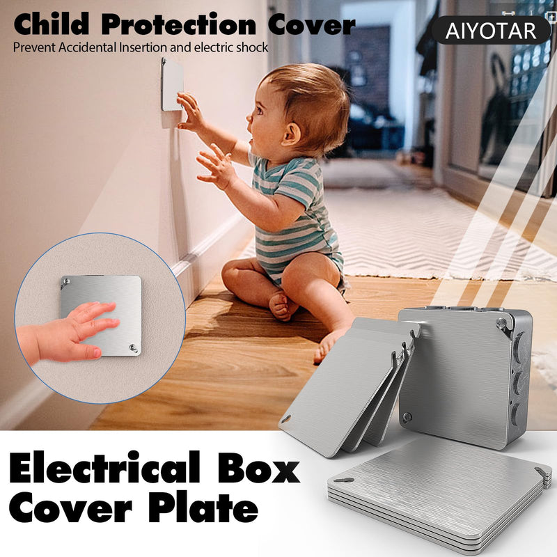 Metal Electrical Box Cover Plates, 4 Pcs Junction Box Covers, 4 Inch Square Flat Blank Electric Box Cover, Solid Cold Rolled Steel Outlet Box Cover for 4x4'' Square/Octagonal Box