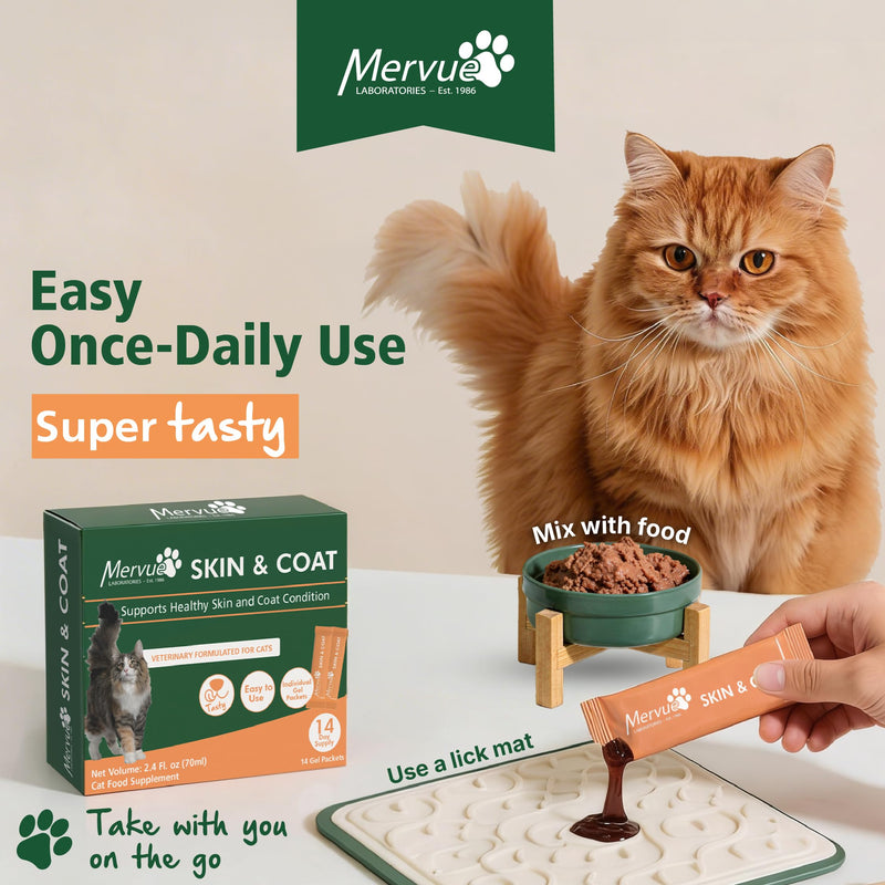 Mervue Skin and Coat Supplement for Cats – Omega 3 Cat Supplement in Gel w/Zinc & Biotin for Dry Skin & Shedding – Tasty, Easy-to-Use Cat Nutritional Gel for Shiny Fur & Healthy Skin (14, 5ml Packs)