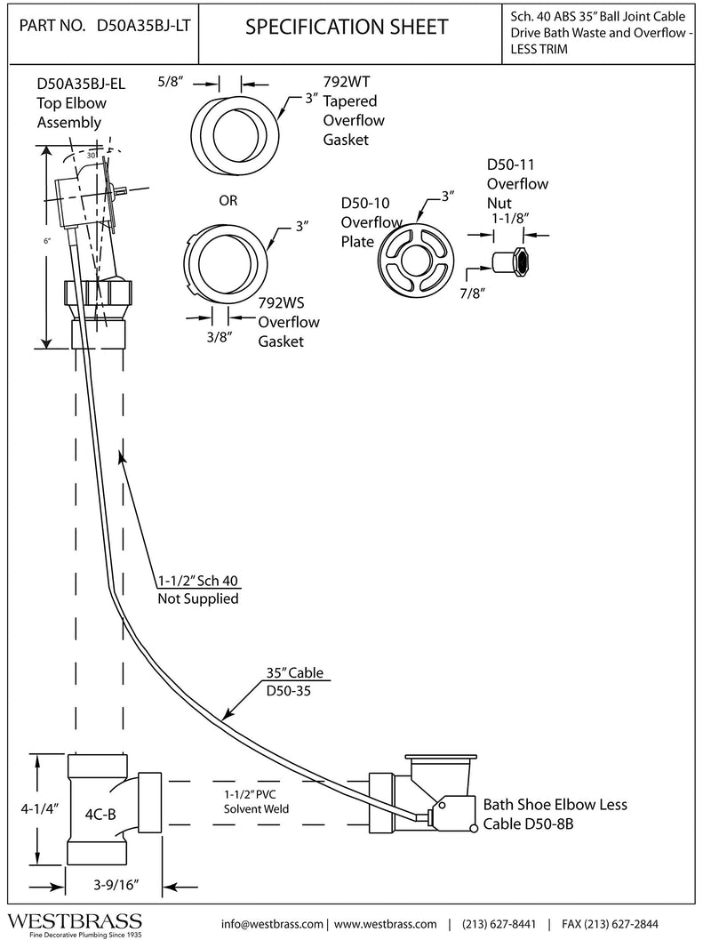 Westbrass Ball Joint Head ABS 35” Cable Rough Only, D50A35BJ-LT