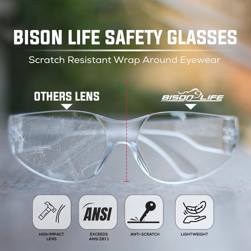 BISON LIFE Safety Glasses - Scratch Resistant Wrap Around Eyewear, Polycarbonate ANSI Z87.1 Impact Resistant Lens Clear/Clear 12