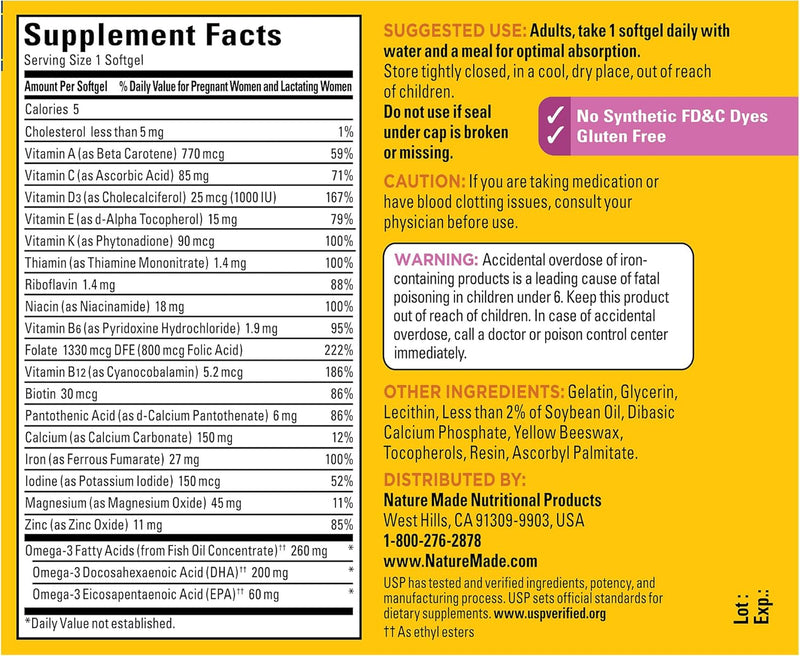 Nature Made Prenatal Multivitamin with 200 mg DHA, Multivitamin to Support Baby Development and Mom, 60 Softgels, 60 Day Supply 60 Count