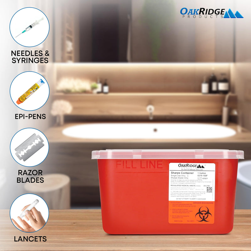 Oakridge Products Large Sharps Container for Home Use and Professional 1 Gallon (2-Pack), Biohazard Needle and Syringe Disposal, Pop Up Lid, CDC Certified 2
