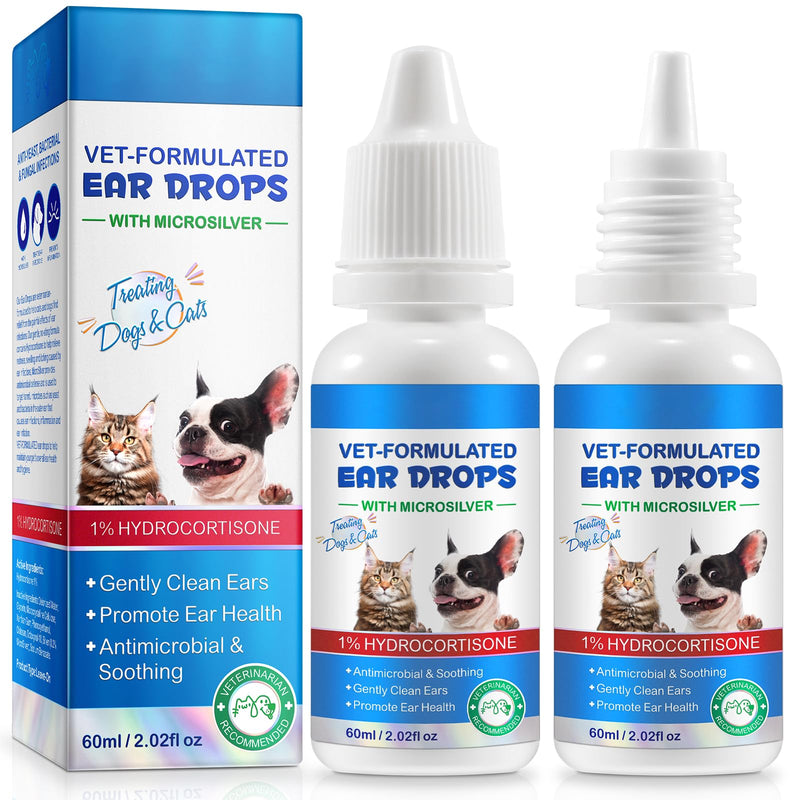 2Pcs Ear Drops for Dogs&Cats, Dog Ear Infection Treatment Drops with 1% Hydrocortisone for Dog Yeast Ear Infections, Soothes Itchy Ears, Prevents Infections, Safe for Puppies, Adult Dogs & Cats 2.02fl 2Pack-60ml