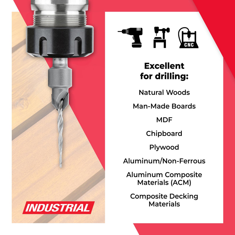 Amana Tool Carbide Tipped 82 Degree Countersink Tapered Drill Bit, 55602, 6 Screw, 3/8 Dia x 1/8 Drill Dia x 5/16 Round Shank