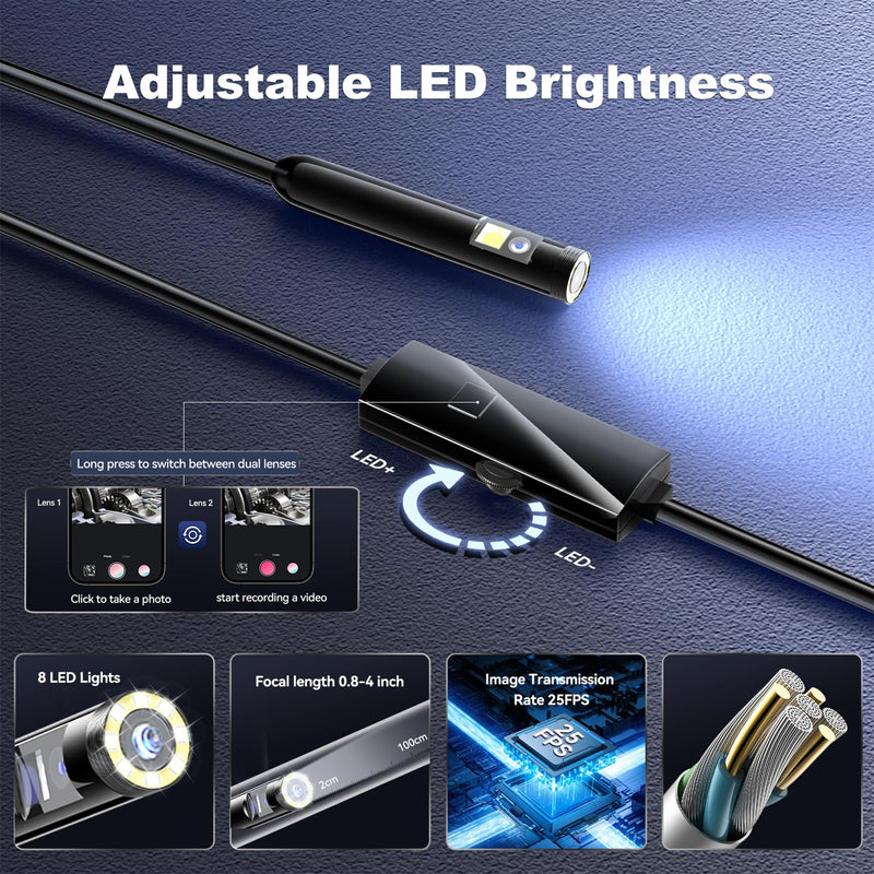 Dual Lens Industrial Endoscope, 1920p Borescope Camera with 8+1 Adjustable Led Light, Endoscope with 16.5ft Semi-Rigid Cable Snake Camera/ 7.9mm Ip67 Waterproof Camera for iPhone, Ipad, Samsung Black