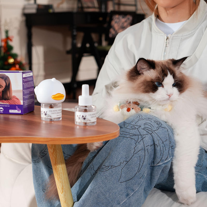 Cat Calming Pheromone Diffuser Kit for Cat/Kitten Anxiety Relief Stress Reduction, 48ml x 2 and1 Plug-in Diffuser Reduces Common Signs of Stress and Fear