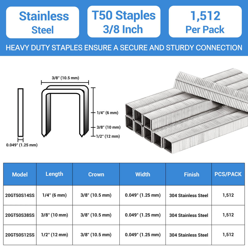 meite T50 Stainless Steel Staples, 3/8 Inch Heavy Duty 304 Stainless Steel Staples for Staple Gun - 1512 Counts, T50 Staple Gun Staples, 20 Gauge 3/8 Inch Crown Upholstery Staples 1