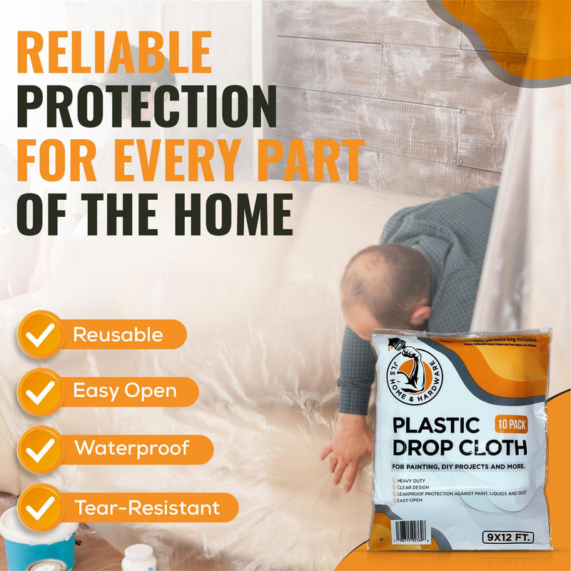 JLS Home & Hardware 10 Pack Plastic Drop Cloth for Painting 9x12 Feet
