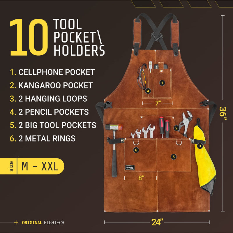 FIGHTECH Shop Apron - Heavy Duty Wood Working Apron for Men with Tool Pockets for Woodworkers Blacksmiths Carpenters M-XXL Brown Leather