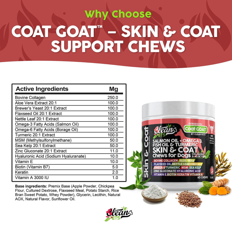 Salmon Oil Omega 3 Fish Oil for Dogs Skin and Coat Supplement | Dog Collagen Aloe Vera Biotin Keratin Flaxseed Nettle Leaf Sea Kelp Hyaluronic Acid Brewers Yeast Vitamin A -Coat Goat by Clean Pets 60 Count (Pack of 1) - PawsPlanet Australia