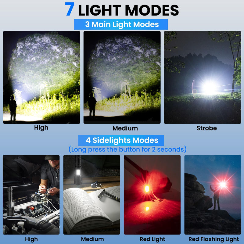 Rechargeable LED Flashlights High Lumens, 99,000 Lumen Super Bright Flashlight with 7 Modes & Waterproof, Powerful USB Rechargeable Handheld Flash Light for Camping Home Black