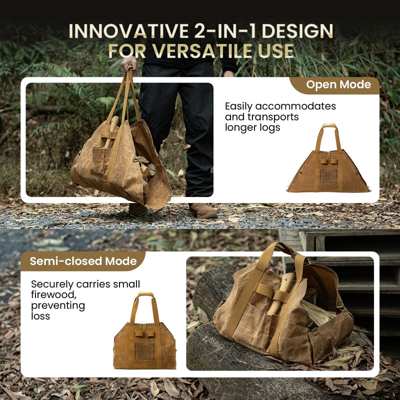 ONETIGRIS Waxed Canvas Firewood Carrier, 2-in-1 Firewood Tote Bag