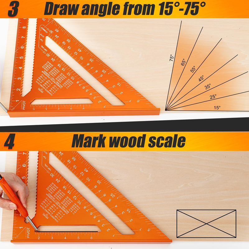 Carpenter Square 12 Inch, Rafter Square for Angle Drawing Measuring Ruler, Framing Square Tool Aluminum for Woodworking, Carpentry Orange