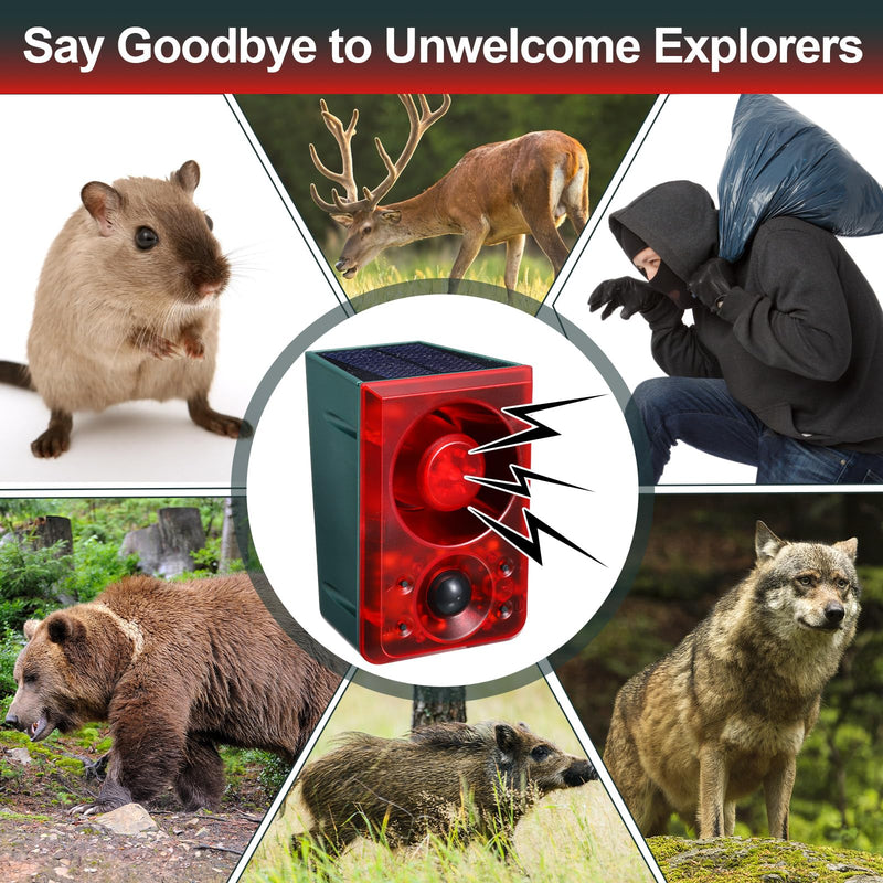 Qualirey 2 Pcs Solar Outdoor Motion Sensor Alarm Animal Deterrent Gunshot Sound Dog Barking 130db Loud Noise Maker 3 Modes with USB Remote Control, Support Recording and Volume Adjustment (Red) Red