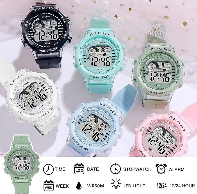 Panegy Children's Watch, Girls, Children, Boys, Digital Watch, Cute, Multi-functional, Waterproof to 166.2 ft (50 m), Digital Display, Alarm, Calendar, 12/24 Switch, Present, School Entrance, Green, - NewNest Australia