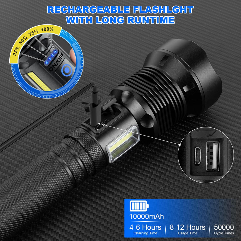 Cinlinso Flashlights High Lumens Rechargeable, 99,000 Lumens Super Bright Led Flashlight, Flash Light with 7 Modes, IPX6 Waterproof, Handheld Powerful Flashlight for Camping, Emergencies (Black) Black