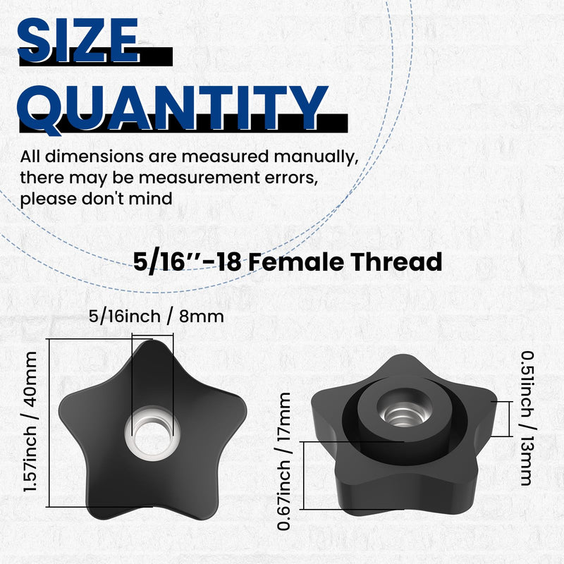 5/16-18 Thread Knob Nut, 6 Pack 5/16 Star Shape Hand Tighten Clamping Knobs Black Screw-On Nuts 5/16-18