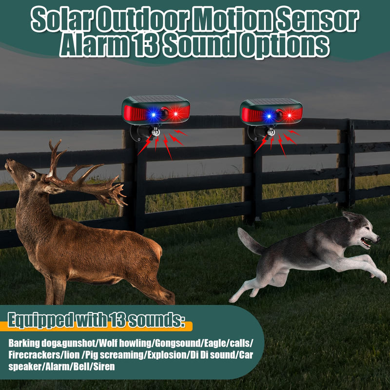 Qualirey 2 Pcs Solar Outdoor Alarm Motion Sensor 129dB Security Siren Ultrasonic Detector Strobe Light, 4 Modes Animal Deterrent Waterproof Alarm for Home, Farm (Red)