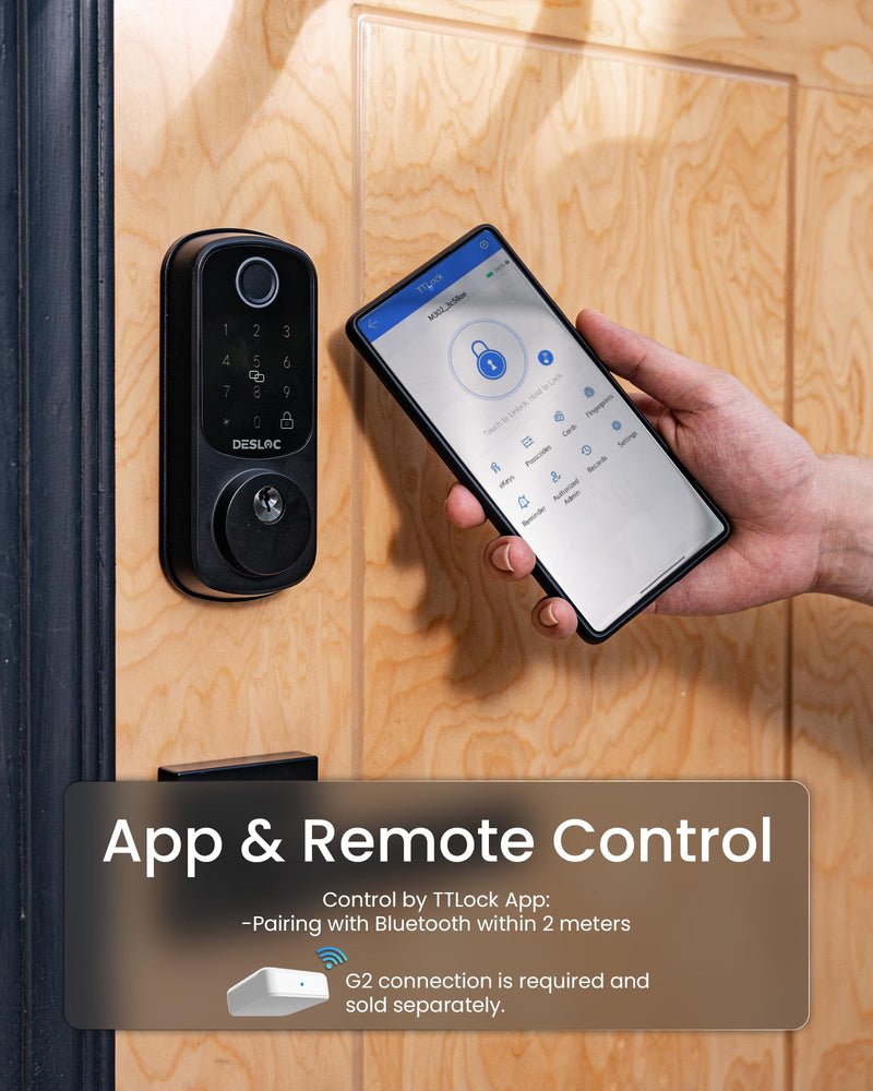 DESLOC Smart Door Lock B200, Smart Deadbolt Lock, Keyless Entry Door Lock, Fingerprint Smart Lock, Smart Locks for Front Door, App Control, Touchscreen Keypad Deadbolts,12-Month Battery, BHMA Grade3 Black