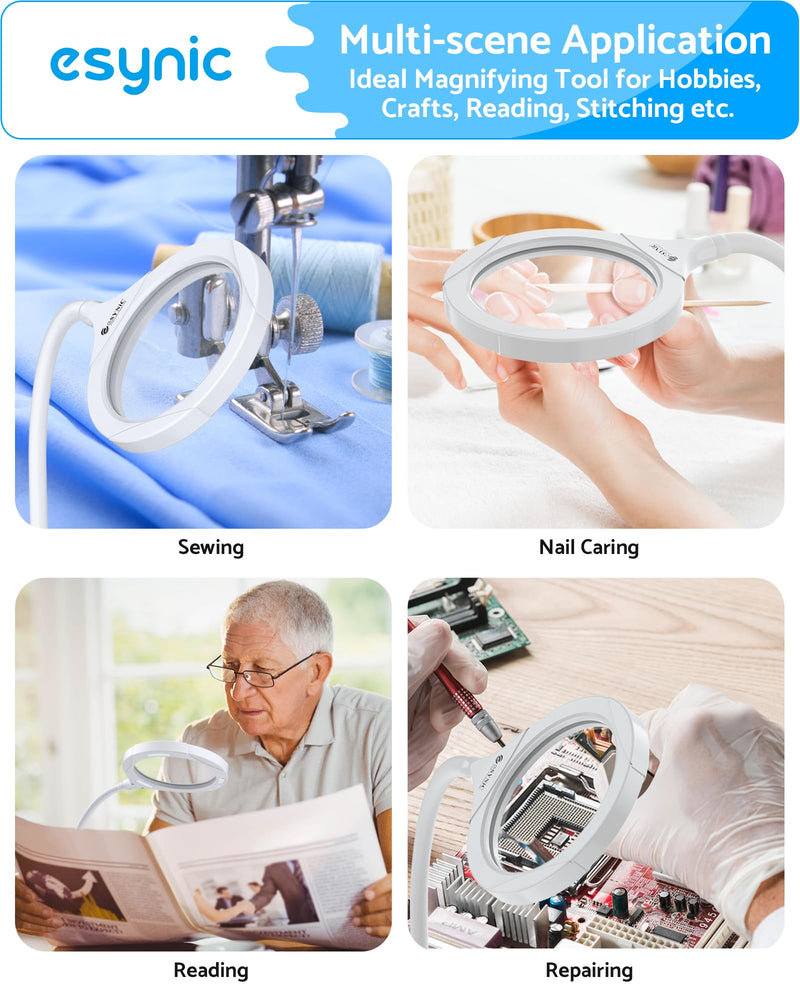 eSynic Lighted Magnifying Glass with Stand-USB-C Rechargeable-5X&10X Magnification-4.3" Large Lens-Desk Magnifier Lamp With Clamp & Heavy Base-3 Levels Brightness-Flexible Gooseneck for Reading Crafts