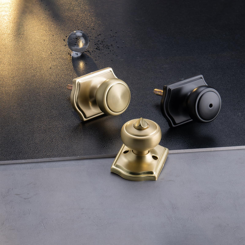 3 Pack Gold Door Knobs with Camelot Trim,Interior Door Knob with Lock,Coastal Door knob for Hall & Closet, Satin Brass 3 Passage