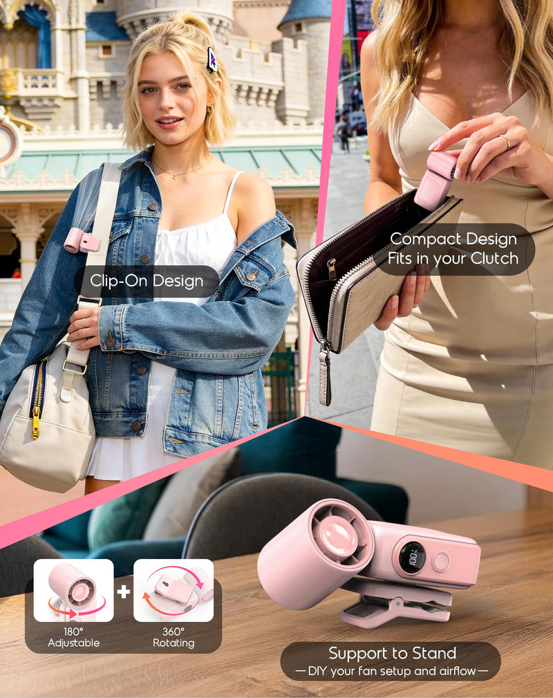 Portable Clip-On Mini Fan, Hands-Free, Turbo Personal Handheld Fans Rechargeable w/ 4 Wind & LED Display, Pocket Size Summer Cooling Essentials for Travel/Eye Lash/Beach/Concert, Gifts for Women(Pink) Pink