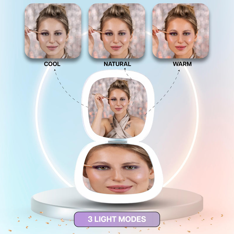 Lighted Makeup Mirror for Women, Portable, LED Light, USB Charging, auto on/Off, 1x/10x Magnification and 3 Light Color Settings, dimmable (Lavender) Lavender