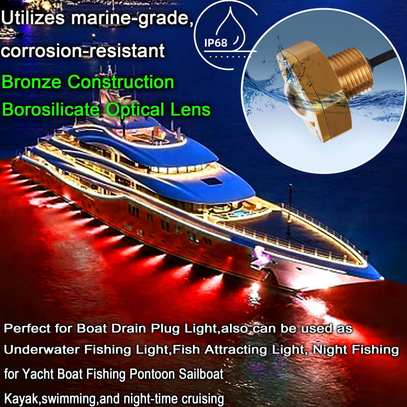 Red Boat Drain Plug Light,IP68 Underwater Boat Lights with APP Remote Control,Replaces Standard 1/2" NPT Drain Plug for Cruising, Fishing & Fun,Smart Cooling System,No Holes to Drill! Red 1PCS NPT