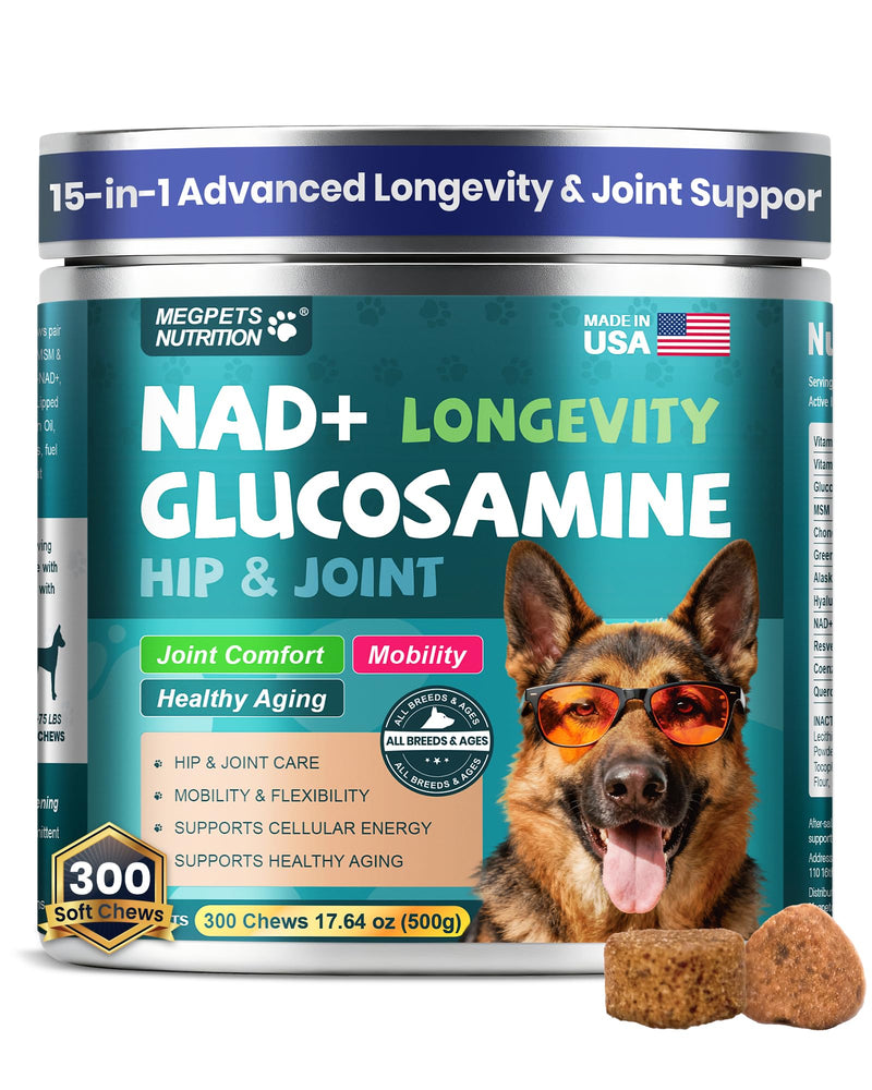 NAD+ Glucosamine for Dogs Hip and Joint Supplement - 300 Soft Chews - Advanced Mobility Support with MSM, Chondroitin, Resveratrol & CoQ10 - Healthy Aging & Vitality Brown