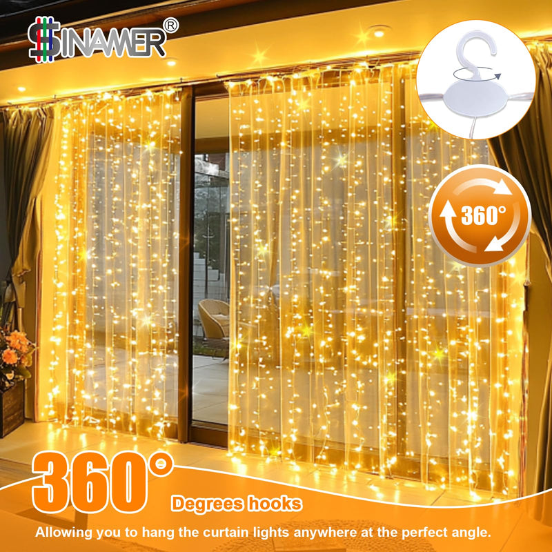 Warm White Curtain Light for Bedroom, 300 LED 9.8ft x 9.8ft Window Fairy Curtain String Light with 16 Hooks, 8 Models Remote Control for Wedding Party Home Garden Indoor Decorations Warm White 300L Silver Copper Wire