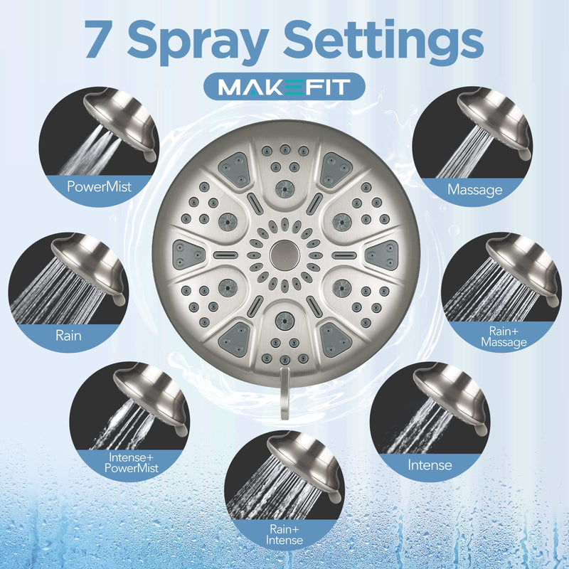 MakeFit Filtered Shower Head Brushed Nickel - High Pressure Shower Head with Filter for Hard Water Softener - 7 Settings Bathroom Rain Showerhead to Remove Chlorine and Heavy Metals Premium Filter