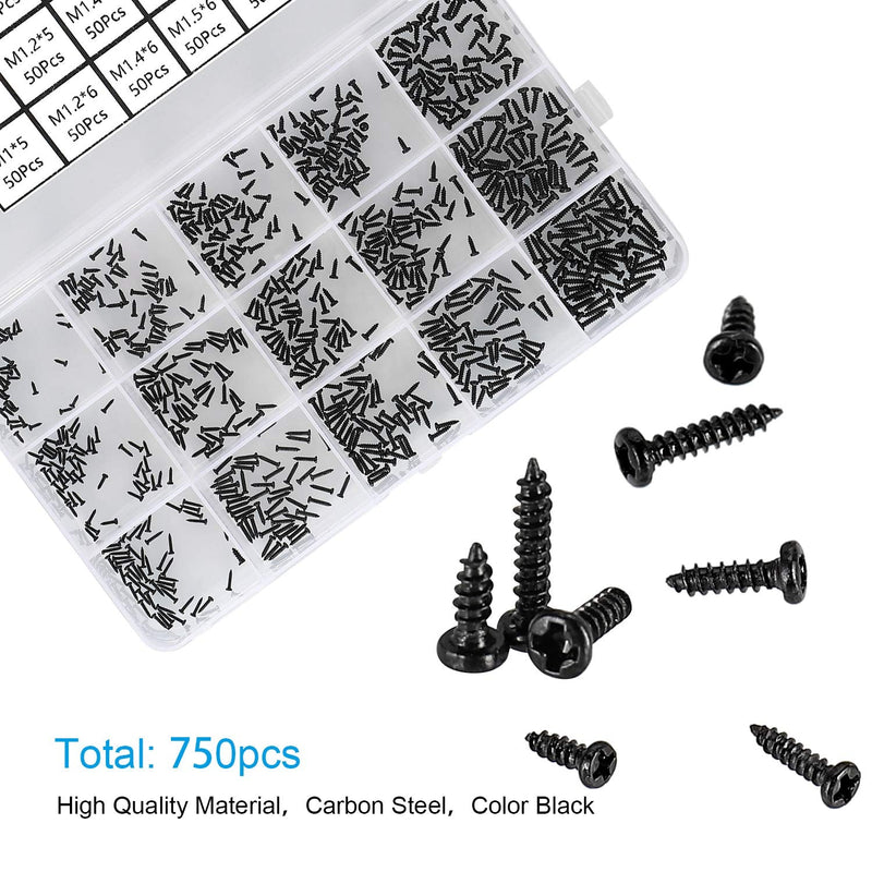 750pcs Black Tiny Screws for Electronics, M1, M1.2, M1.4, M1.5, M1.7 Very Small Phillips Pan Head Self Tapping Screws, Micro Wood Screws, Mini Electronic Screws Assortment Kit-Carbon Steel Black:M1-M1.7 Tiny Screws