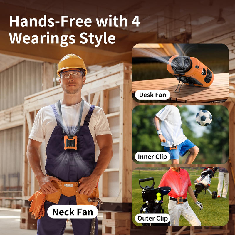 Socool 10000mAh Portable Waist Fan Clip on Wearable Belt Personal Fan Rechargeable Battery Operated with 5 Speeds & Flashlight Neck Hands-Free 40H Cooling for Outdoor Travel Power Bank (Orange) Orange