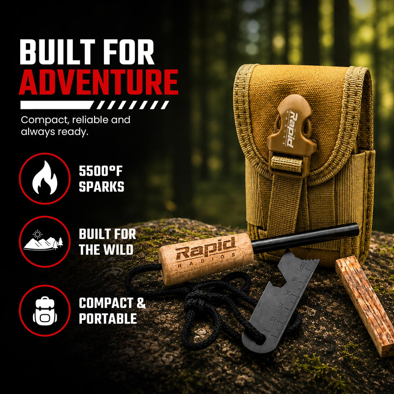 Rapid Radios Fire Starter Kit | Ferro Rod Fire Starter with Striker, Wax-Coated Tinder & Waterproof Storage | Survival Fire Starting Kit for Camping, Hiking, Hunting & Emergency Preparedness