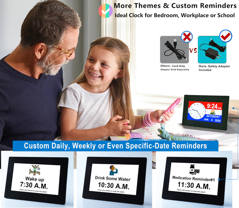 MASSII 19 Alarms Digital Talking Clock with Loud Voice Time Date, Auto DST, 20 Custom Reminders, 10-Level Dimmer, Sleep Trainer, Speaking Day Date Calendar Clock for Seniors Dementia- with Remote 7" Hd Black