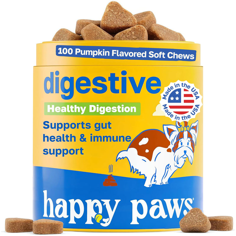 Happy Paws Digestive Support Supplement & Dog Probiotics, Supports Gut Health & Diarrhea with Enzyme Blend & Ginger Root, Pumpkin Flavor, Organic, Non GMO, 100 Soft Chews 100 Count