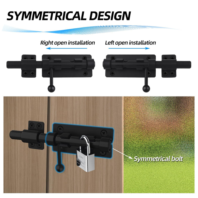 Barrel Bolt Latch, 6.3" Heavy Duty Gate Latch Slide Lock Solid 304 Stainless Steel Bolt Lock for Inside Door, Finished Shed Door Latch (2 Pack, Black) Black 6inch 2