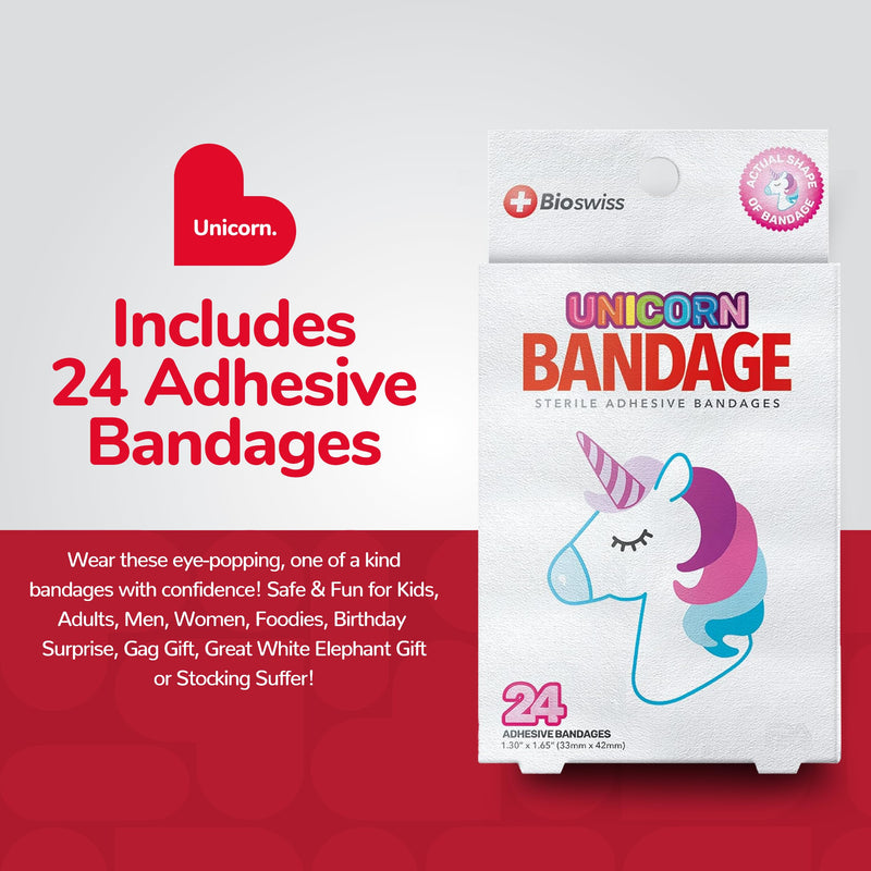 BioSwiss Bandages, Unicorn Shaped Self Adhesive Bandage, Latex Free Sterile Wound Care, Fun First Aid Kit Supplies for Kids, 24 Count 24 Count (Pack of 1)
