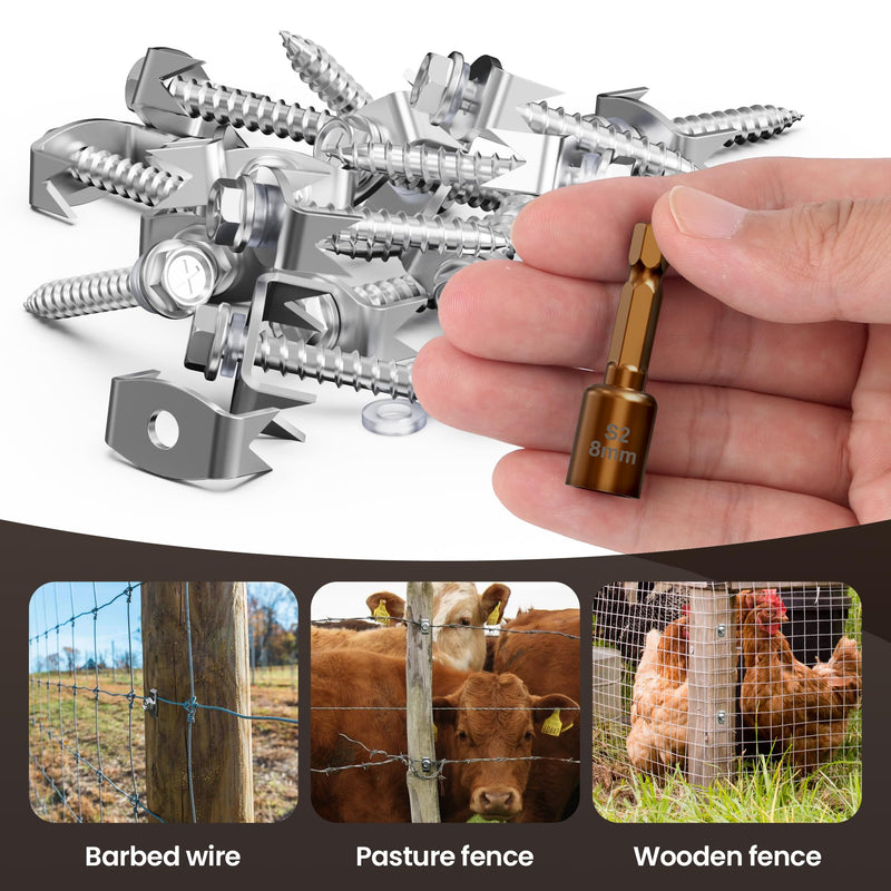 50 Pcs Fence Staples for Wire Fencing, Fence Fasteners for Wire Fence，Fencing Screws for Softwoods, Reuse Fence Nails, Wire Fence Staples with Hex Adapter- Stainless Steel 50 PCS