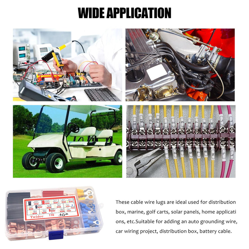 Twidec/110PCS Battery Cable Ends AWG 2 4 6 8 10 12 14 16 Gauge Copper Cable Wire Lugs,Ring Terminals Connectors,Copper Ring Terminals with Heat Shrink N-067-110PCS AWG 2-16