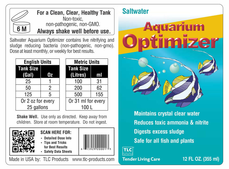 TLC Products, Saltwater Aquarium Optimizer, Crystal Clear Water Treatment, Reduces Ammonia, 12 oz (355ml)