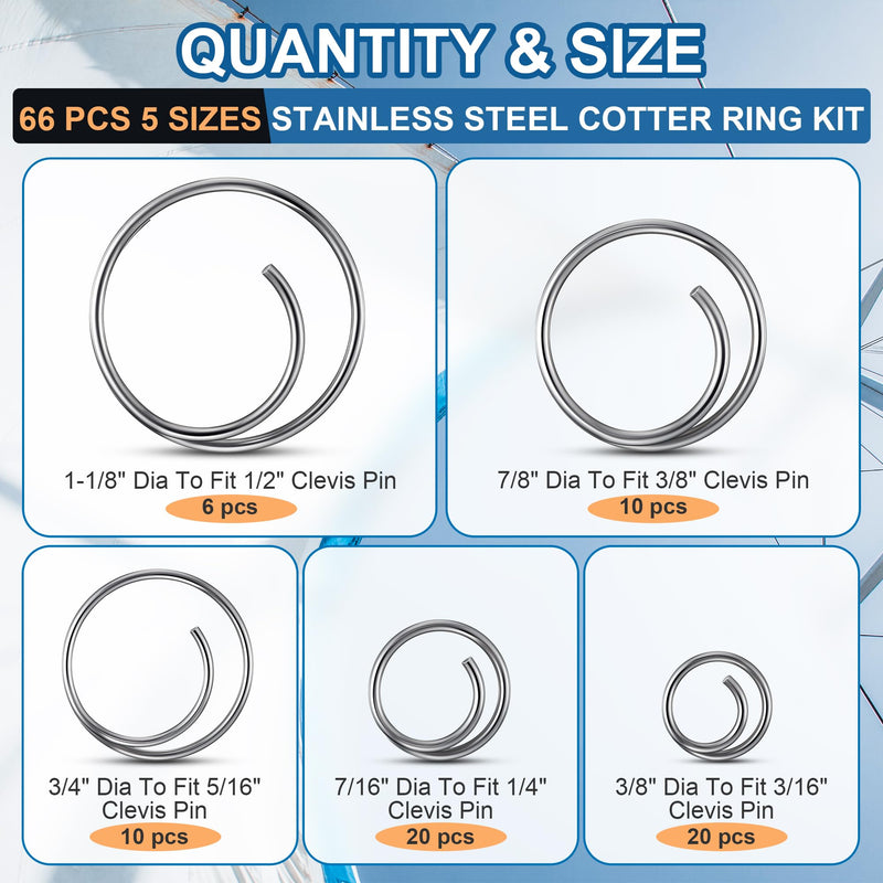 66 Pcs 5 Sizes Stainless Steel Cotter Ring Kit, Durable 316 Stainless Steel Split Rings Secure Popular Sizes of Clevis Pins, Corrosion Resistant Marine Hardware for Hitch Pin Lock Systems
