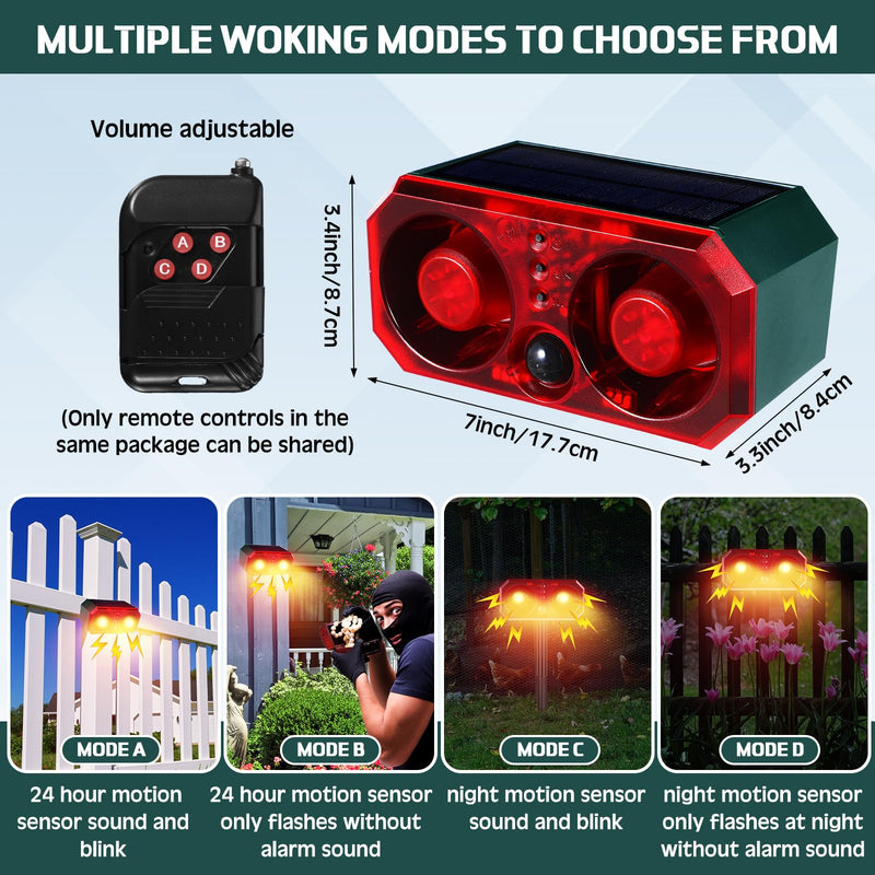Qualirey 2 Pcs Solar Outdoor Motion Sensor Alarm with Stake Animal Deterrent Dog Barking Sensor 13 Sound 130db Loud Noise Maker 4 Mode with USB Remote Control Support Recording Volume Adjustment